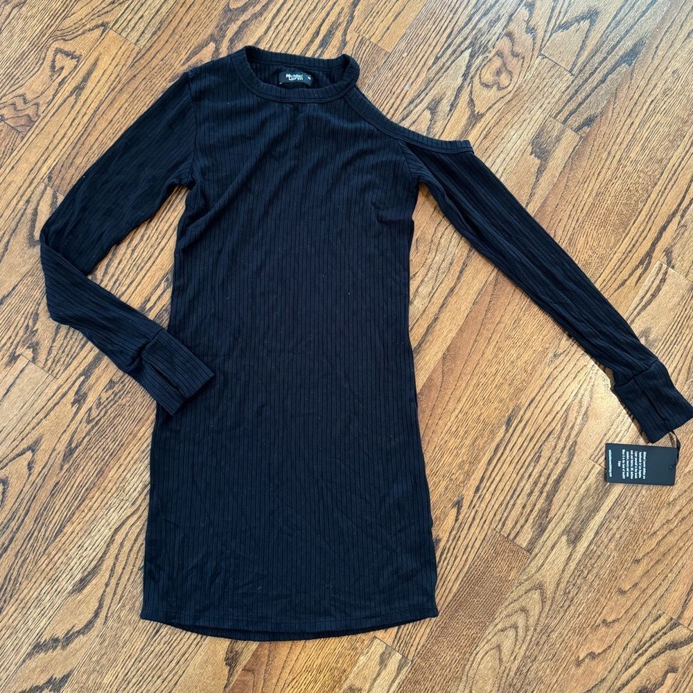NWT New MICHAEL LAUREN Boutique Black Ribbed Cut Out Cold Shoulder Dress XS